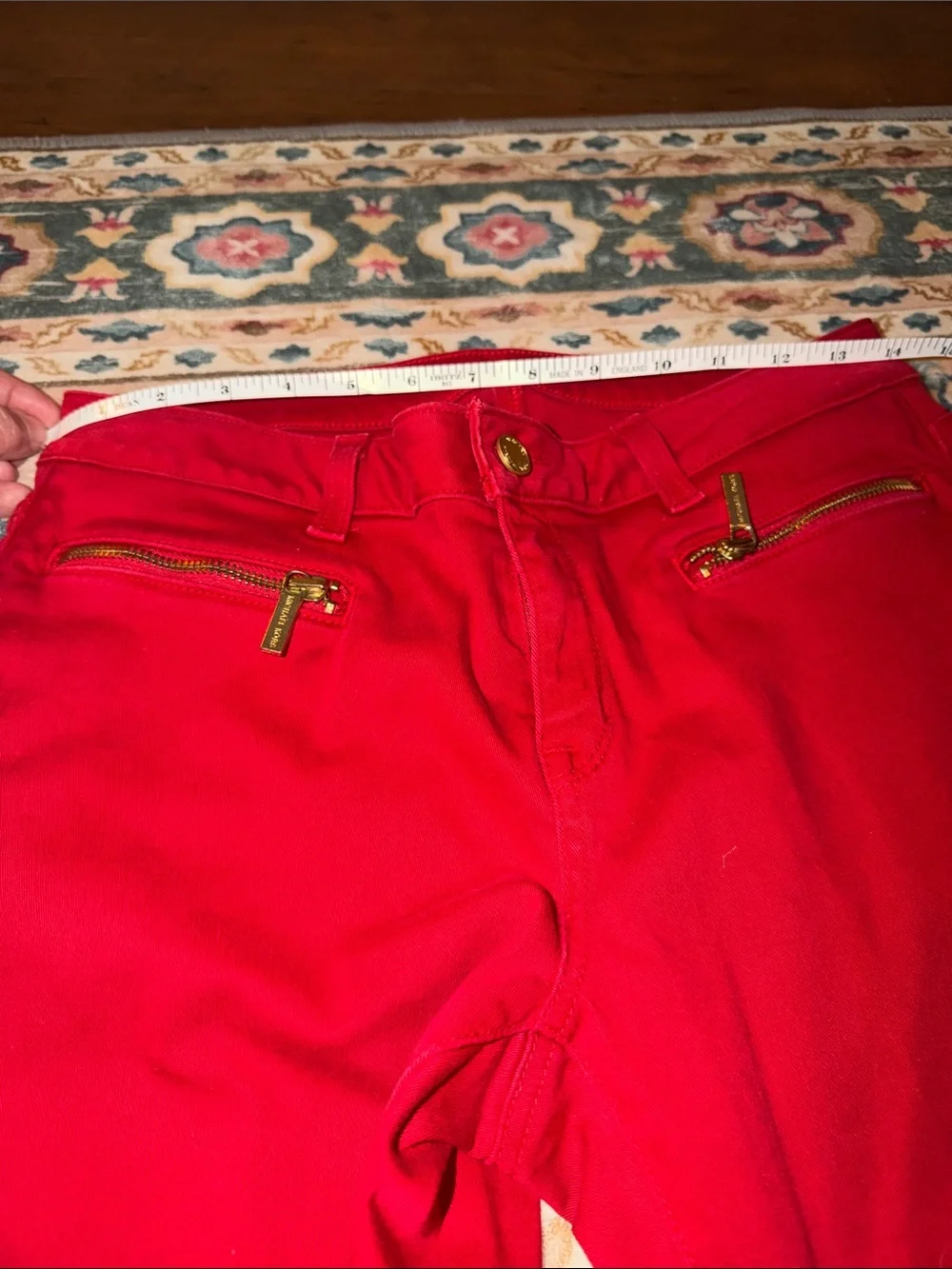 Michael Kors Red Skinny Jeans with Gold Zip Accents